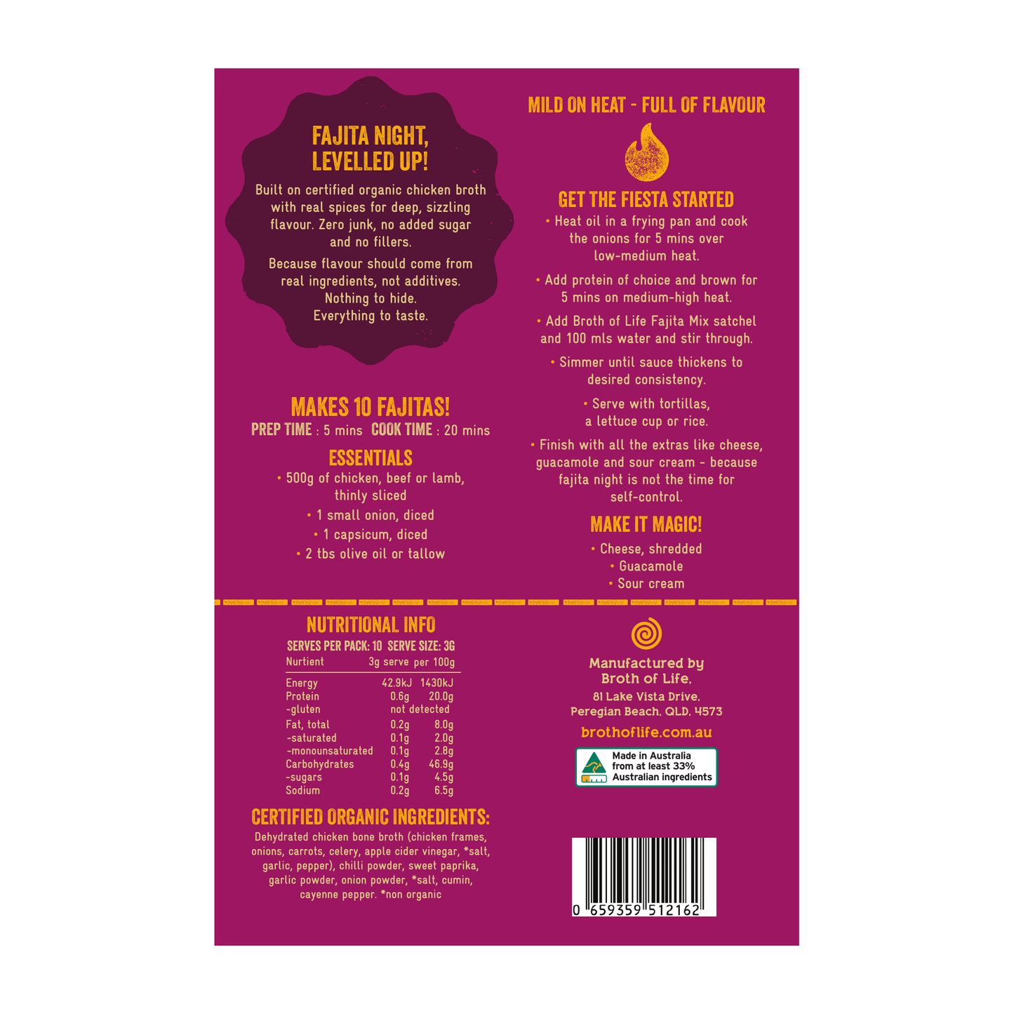 Back of a fajita seasoning package with text and nutritional information on a purple background