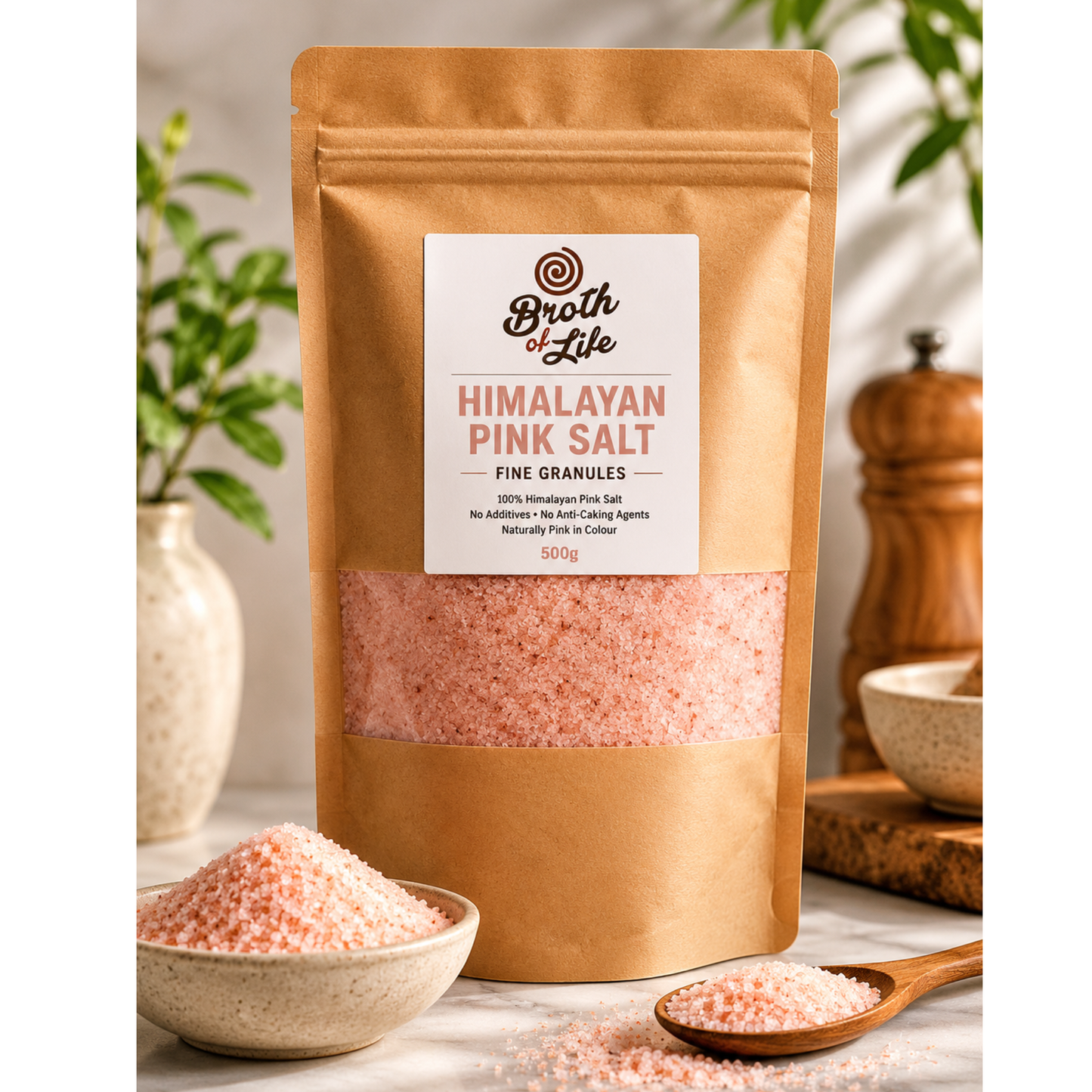 Broth of Life Himalayan Pink Salt packaging with salt