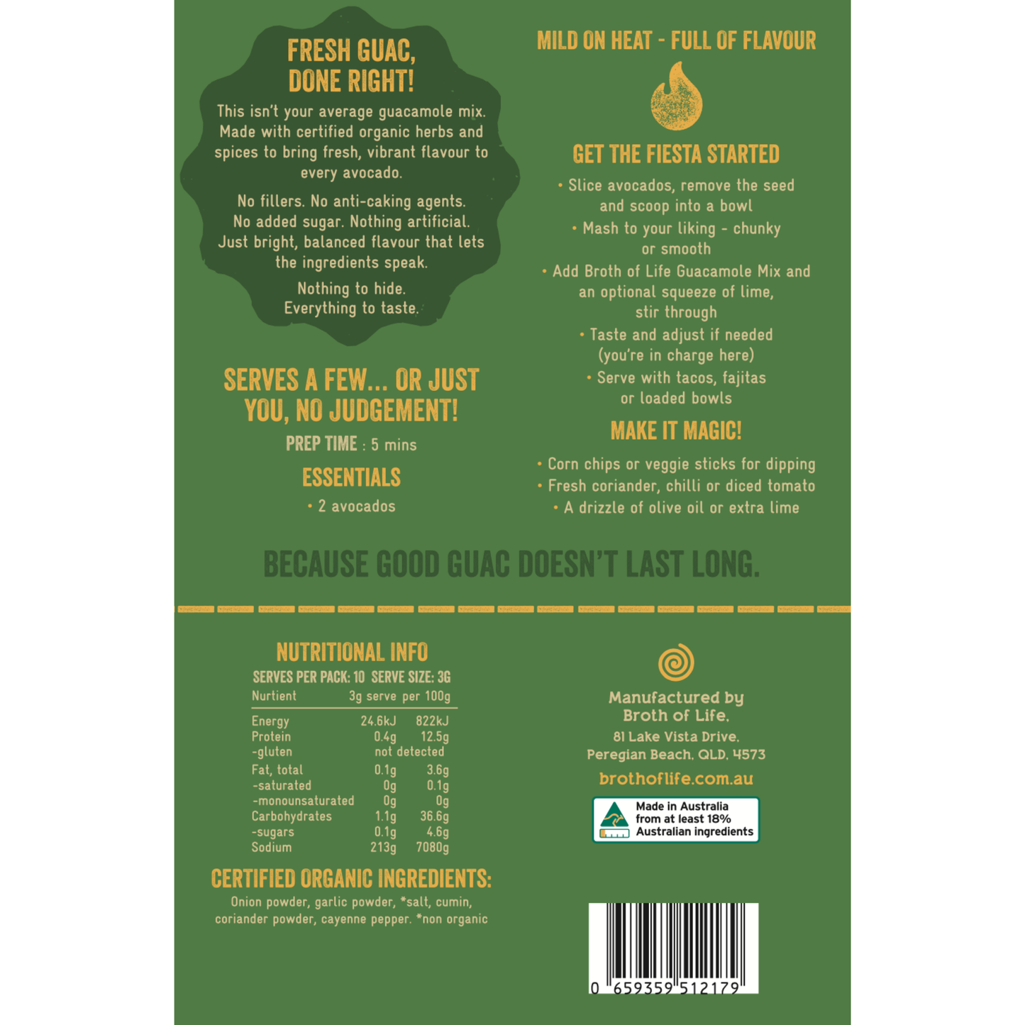Broth of Life Organic Guacamole Spice Mix Rear packaging
