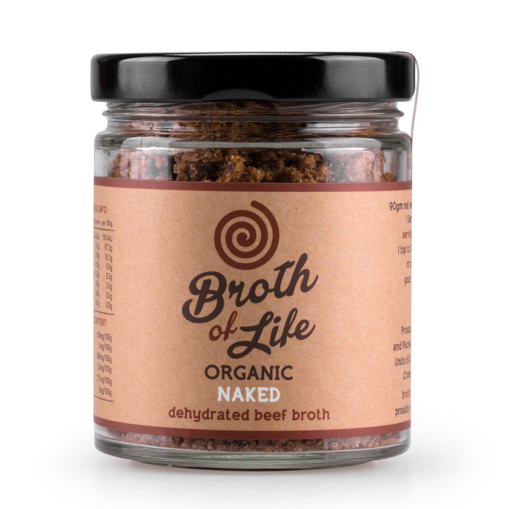 Large 90 gram jar of organic dehydrated Naked Beef Bone Broth