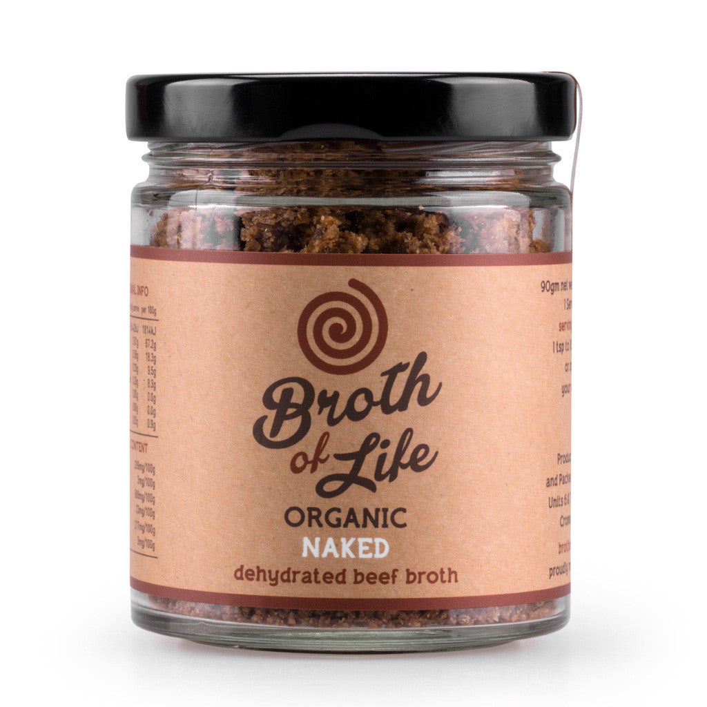 Large 90 gram jar of organic dehydrated Naked Beef Bone Broth